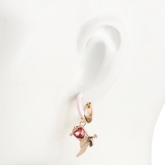 Betsey Johnson Cowboy Boot Pink Gold Tone Crystal Enamel Huggie Hoop Earrings - Picture 2 of 6